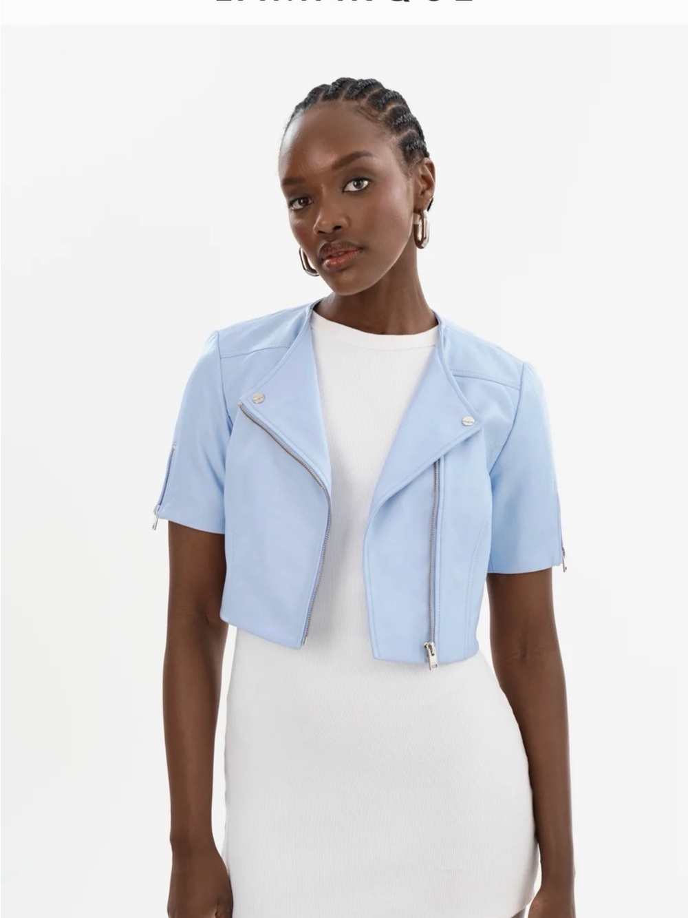 Lamarque Pastel Blue Cropped Leather Moto Jacket